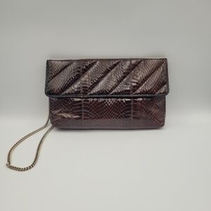 Vintage Brown Python Snake Skin Leather Clutch Shoulder Bag Evening Purse 80s